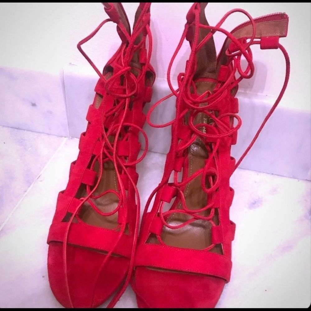 AQUAZZURA SANDALS AMAZON 105 Red SUEDE LACE-UP BOOTIES 40.5 US 10